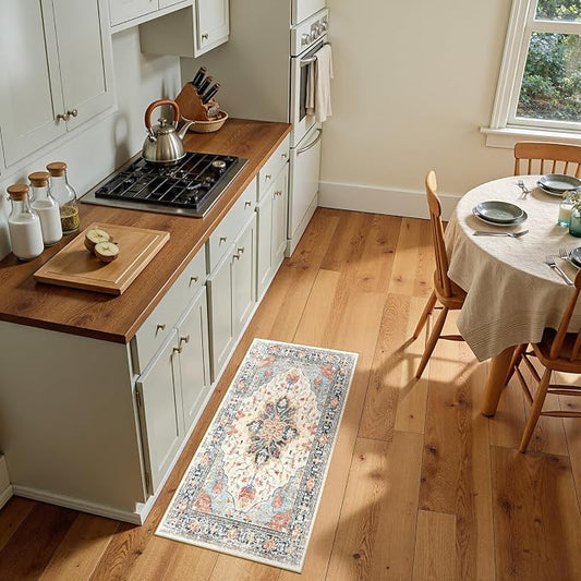 RELEANY Area Rugs Small 2'x4' Washable Non-Slip, Floral Vintage Distress Medallion Carpet for Kitchen Entryway Bathroom, Beige Navy Blue Orange Colorful