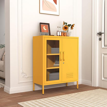 33" Tall Yellow Metal Locker Storage Cabinet with Lock Left Glass Door and Right Metal Door 2 Adjustable Shelves Steel Storage Organizer for Foyer Living Room Size：33" H X 29.5" W X 13.8" D