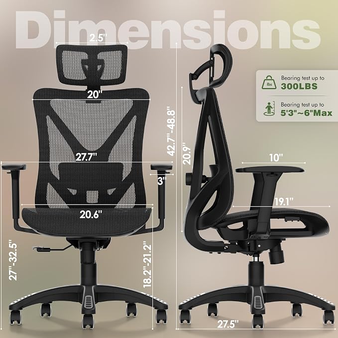 ELABEST T23 Ergonomic Mesh Office Chair, High Back Computer Desk Chair, Breathable AirMesh with Dual-Move Lumbar Support, 3D Armrests & Headrest, Tilt Lock,Big and Tall for Home Office(Onyx)