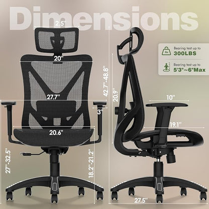 ELABEST T23 Ergonomic Mesh Office Chair, High Back Computer Desk Chair, Breathable AirMesh with Dual-Move Lumbar Support, 3D Armrests & Headrest, Tilt Lock,Big and Tall for Home Office(Onyx)
