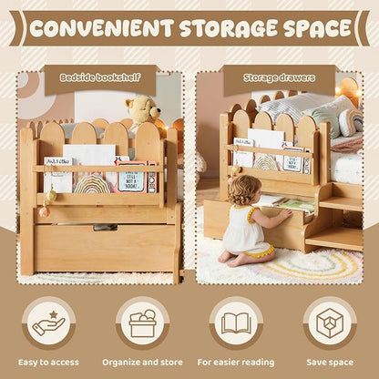 Bellemave Full Size Montessori Bed with Stairs, Lights, Rails and Slats, Full Size Montessori Floor Bed with Bookshelf and 2 Storage Drawers, Easy Assemble Beds Frame for Girls, Boys, Light Natural