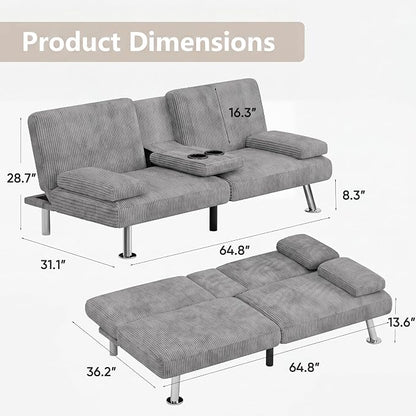 Flamaker Futon Sofa Bed Modern Folding Futon Set Convertible Recliner Lounge for Living Room with 2 Cup Holders, Removable Armrests (Corduroy, Marble Grey)