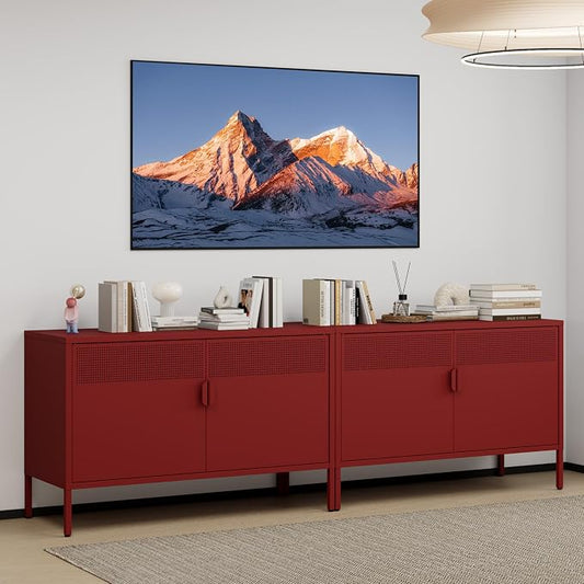Red 25" H Metal Storage Cabinet with Adjustable Shelf, 2 Door Accent Cabinet, 2-Tier Low Cabinet with Vent Hole, TV Stand for Entryway, Home Office, Music Studio