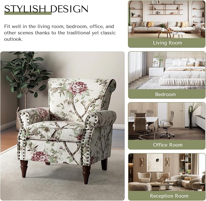 HULALA HOME Modern Wingback Accent Chair with Wood Legs & Removable Cushion, Comfy Upholstered Armchair with Nailhead Trim, Floral Pattern Sofa Chair for Bedroom Living Room, Floral