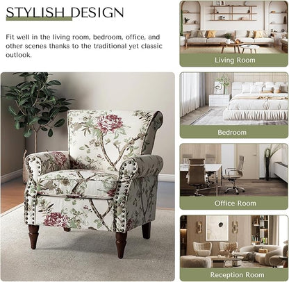 HULALA HOME Modern Wingback Accent Chair with Wood Legs & Removable Cushion, Comfy Upholstered Armchair with Nailhead Trim, Floral Pattern Sofa Chair for Bedroom Living Room, Floral