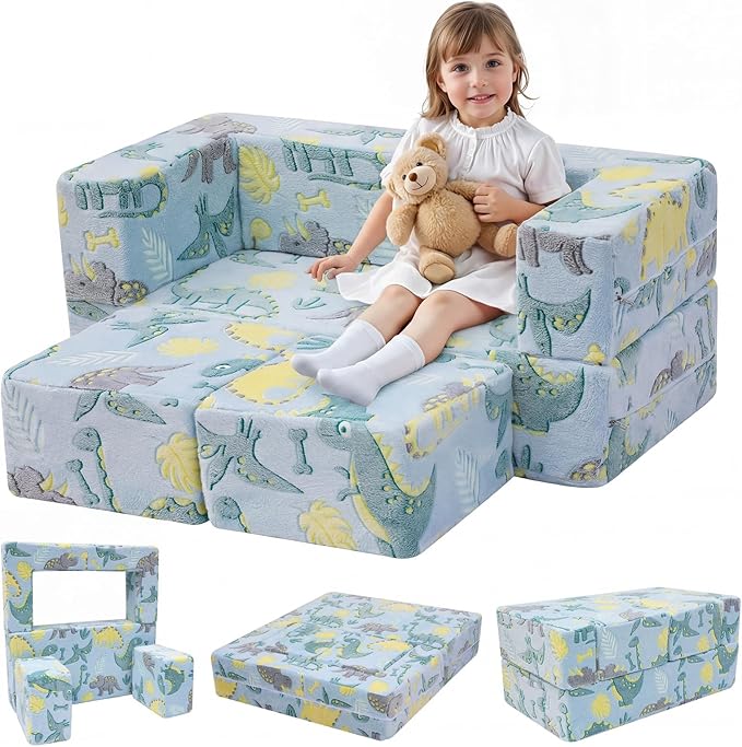 MeMoreCool Glow-in-the-Dark Dinosaur Kids Loveseat - Modular Toddler Play Couch that Folds Out, Convertible Foam Chair & Mini Sofa Bed with Washable Plush Cover, 2-Seat Playroom Furniture