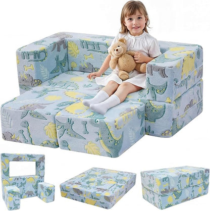MeMoreCool Glow-in-the-Dark Dinosaur Kids Loveseat - Modular Toddler Play Couch that Folds Out, Convertible Foam Chair & Mini Sofa Bed with Washable Plush Cover, 2-Seat Playroom Furniture
