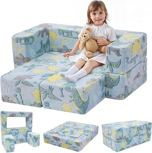 MeMoreCool Glow-in-the-Dark Dinosaur Kids Loveseat - Modular Toddler Play Couch that Folds Out, Convertible Foam Chair & Mini Sofa Bed with Washable Plush Cover, 2-Seat Playroom Furniture