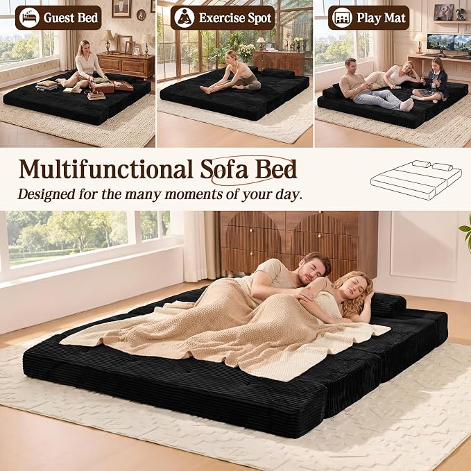 78.7IN Folding Sofa Bed - Convertible Sleeper Sofa Couch with Zippered Pillows, 3 Seater Couches Bed for Living Room, Bedroom, Apartment, No Assembly Required, Freestanding, Corduroy, Black