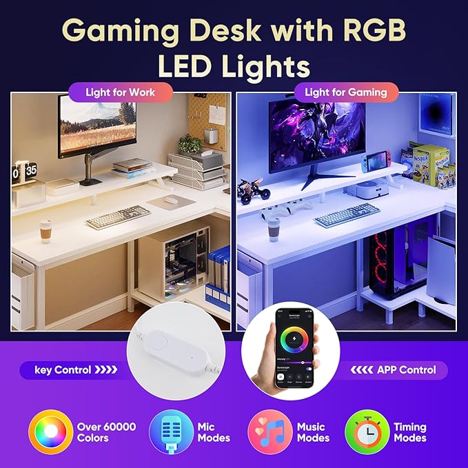 DUMOS L Shaped Gaming Desk, 48" Computer Desks with USB Charging Ports, Power Outlets, Type-C and LED Lights, Reversible Desk with Storage Shelves & Monitor Stand for Office,White