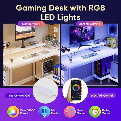 DUMOS Gaming Desk, Computer Desk with USB Charging Ports Power Outlets Type-C LED Lights Reversible L Shaped Workstation with Storage Shelves Monitor Stand for Home Office Gaming Room White 48IN
