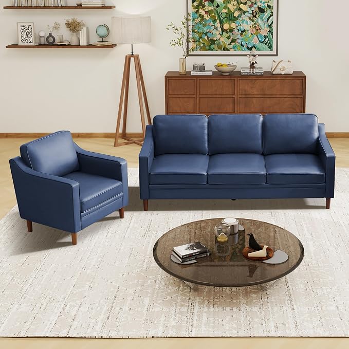 Kingfun Couch Sets for Living Room, 3 Seater Couch and Armchair, Mid Century Modern Sofa Set, Faux Leather Couch with Solid Wood Frame for Bedroom