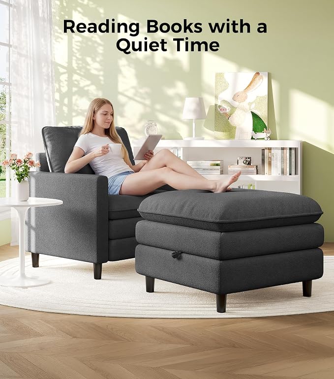 Welzona 3-Layers Cloud Accent Chair with Ottoman, 33" Comfy Reading Chair for Bedroom, Living Room, Tool-Free Assembly with Teddy Fabric Arm Chairs and Ottoman Set, Grey, Removable Washable Cover
