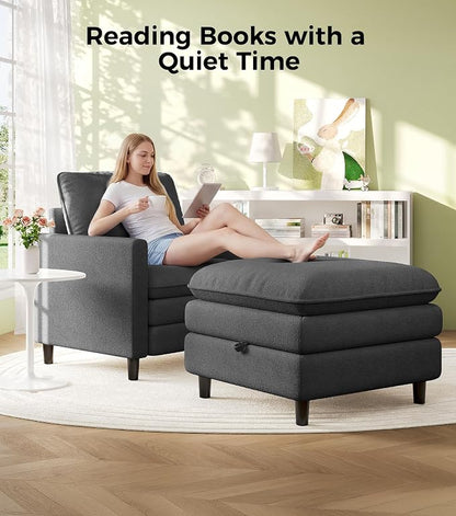 Welzona 3-Layers Cloud Accent Chair with Ottoman, 33" Comfy Reading Chair for Bedroom, Living Room, Tool-Free Assembly with Teddy Fabric Arm Chairs and Ottoman Set, Grey, Removable Washable Cover