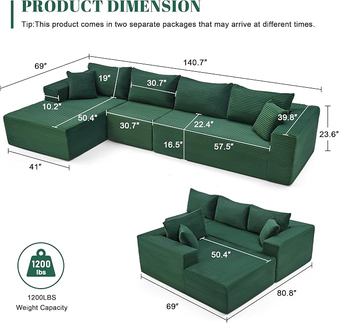 Mangodan 140” Cloud Sectional Couch, Modular Sectional Sofa with Deep Seat, Boneless Sofa for Living Room, Fluffy Comfy L-Shaped Couch with Left Facing Chaise, No Assembly Required, Green