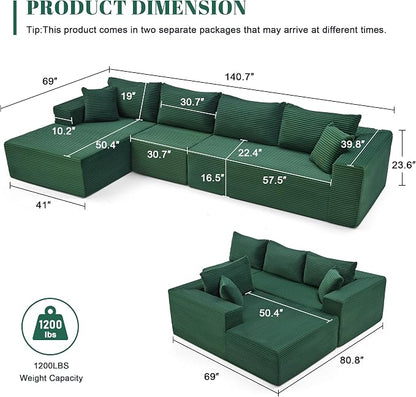 Mangodan 140” Cloud Sectional Couch, Modular Sectional Sofa with Deep Seat, Boneless Sofa for Living Room, Fluffy Comfy L-Shaped Couch with Left Facing Chaise, No Assembly Required, Green