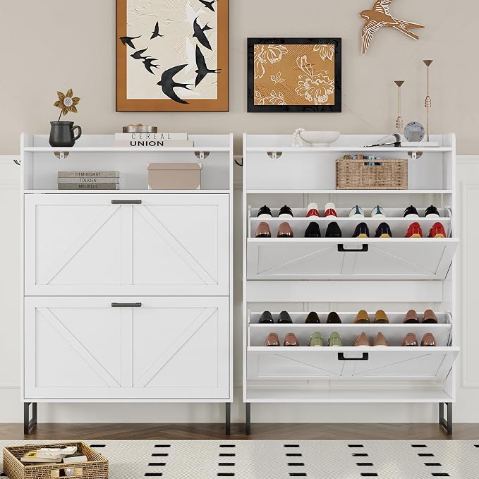 BORNOON Shoe Cabinet with 2 Flip Drawers Narrow Shoe Storage Cabinet Organizer Wooden Freestanding Shoe Rack Hidden Slim Shoes Storage Cabinet for Entryway, Hallway, Bedroom