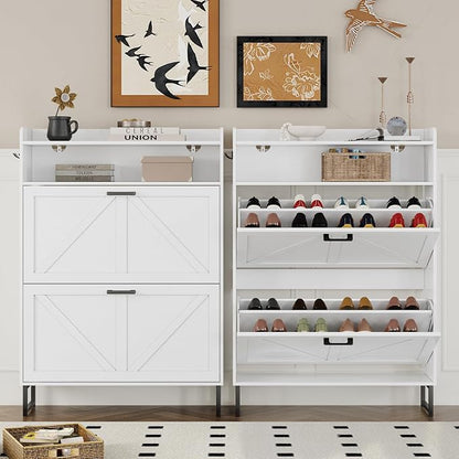 BORNOON Shoe Cabinet with 2 Flip Drawers Narrow Shoe Storage Cabinet Organizer Wooden Freestanding Shoe Rack Hidden Slim Shoes Storage Cabinet for Entryway, Hallway, Bedroom