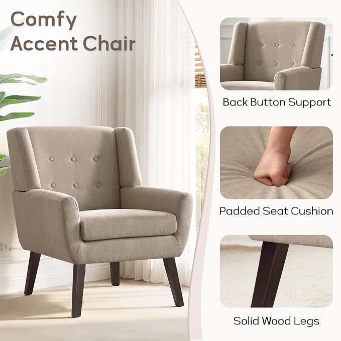 HUIMO Accent Chair Set of 4, Upholstered Button Tufted Armchair, Linen Fabric Sofa Living RoomChairs for Bedroom, Mid-Century Modern Comfy Reading Chair (4 PCS, Khaki)