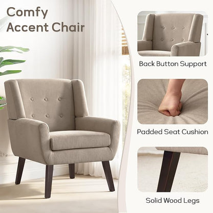 HUIMO Accent Chair Set of 4, Upholstered Button Tufted Armchair, Linen Fabric Sofa Living RoomChairs for Bedroom, Mid-Century Modern Comfy Reading Chair (4 PCS, Khaki)