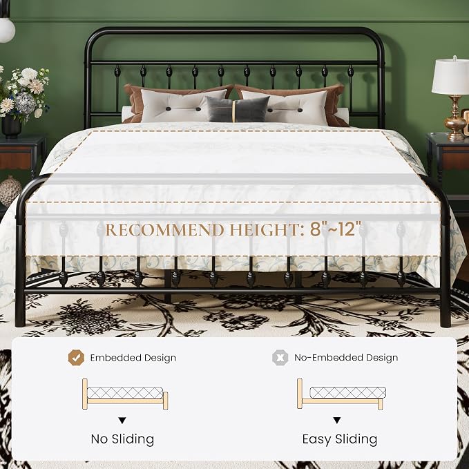 SHA CERLIN King Size Metal Platform Bed Frame with Victorian Style Iron-Art Headboard and Footboard, Easy Assembly, Under Bed Storage, No Box Spring Required, Black