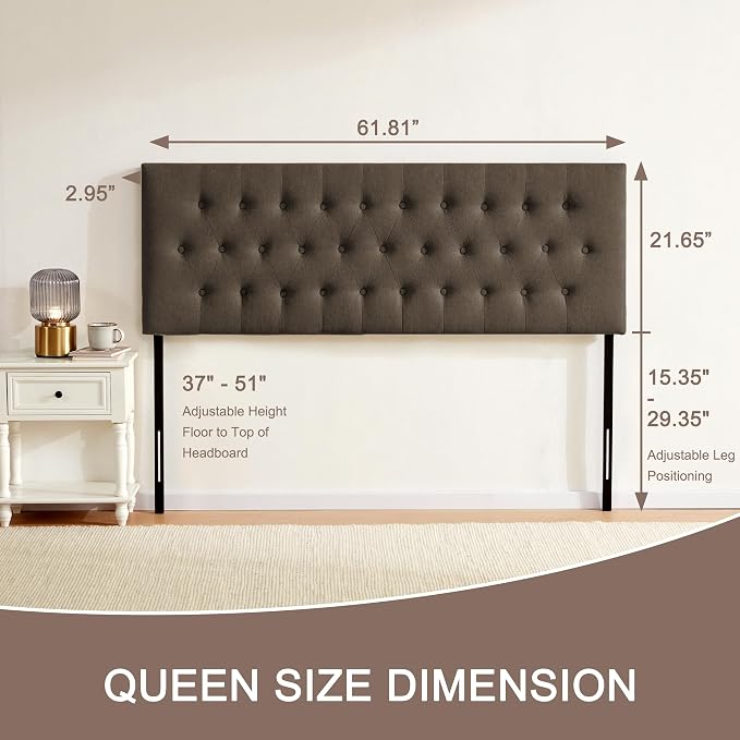 Tufted Upholstered Headboard Queen Size, Adjustable Height 37- 51 in, Brown | Sturdy and Durable Solid Wood Bed Headboard, Fabric Queen Headboard Only, Modern Button Diamond Design Head Board