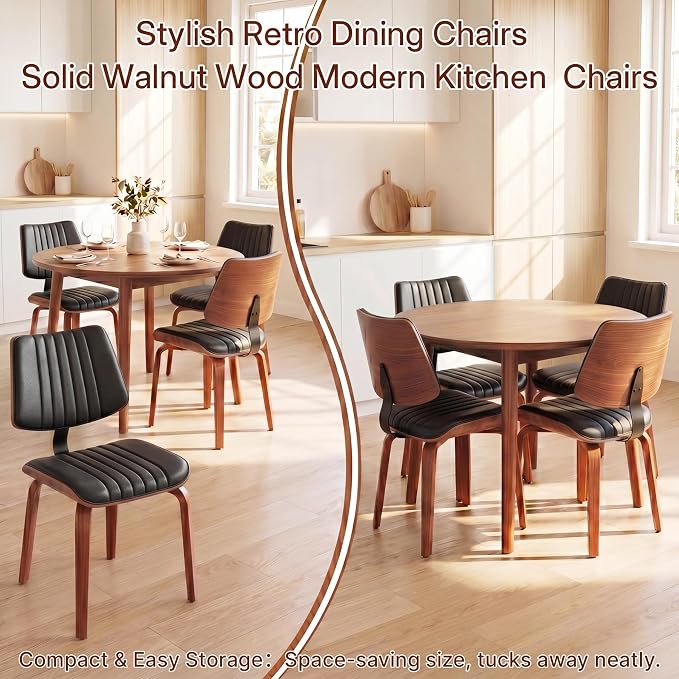 Armless Dining Chairs Set of 4, Walnut Black | Set of 4 armless chairs with ergonomic walnut bentwood back. Premium faux leather upholstery for lasting comfort