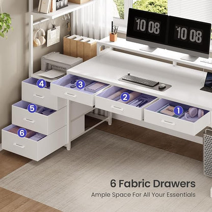 SEDETA 55" Gaming Desk with 6 Drawers, Corner Gaming Desk with Storage & LED Lights, Reversible PC Desk with Power Outlet, Corner Computer Desk with Hutch, Monitor Stand, Side Hook, Carbon Fiber White