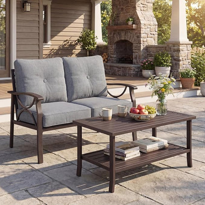 FansaFurn 2-Pieces Outdoor Patio Furniture Set, Outdoor Metal Sectional Furniture with Cushions, Outdoor Conversation Set with Coffee Table for Deck, Backyard, Garden, Balcony, Grey