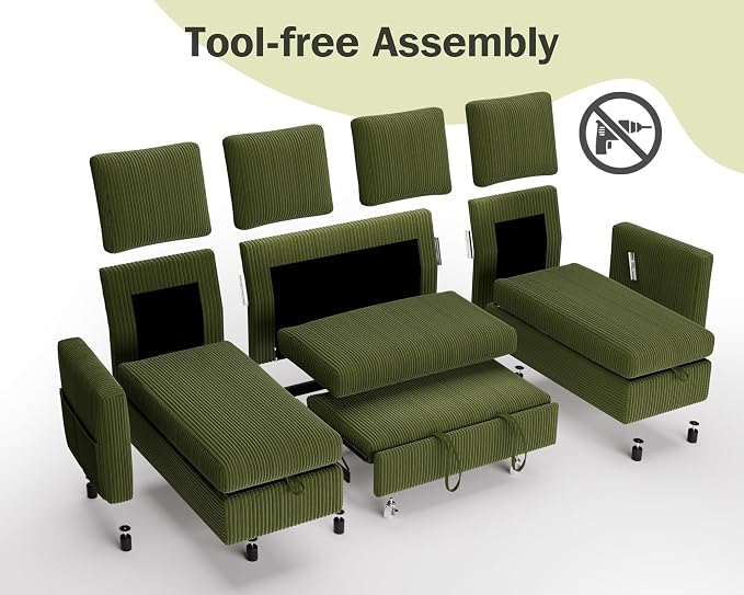 Vipbear 104" Sectional Sleeper Sofa Bed with Pull Out Bed, U Shaped Couch Pull Out Couch with Reclining Backrest, Reversible Storage Chaise, USB Ports, Tool-Free Assembly, Corduroy Green
