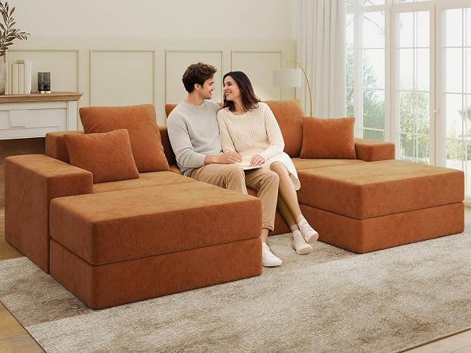 Living&Giving 101" U-Shaped Cloud Sectional Couch for Living Room, Cloud Boneless Couch-No Assembly with Reversible Chaise, Customizable 3-Seat Modular Sectional Sofa with 2 Ottoman, Orange