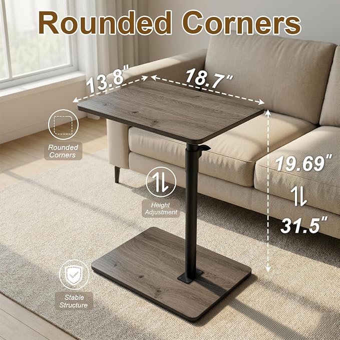 YUHFERA Sofa Armrest Tray Table for Couch - 360 Swivel Height Adjustable C Shaped End Table for Small Spaces, Snack Side Table for Bed or Chair with Phone & Tablet Slot (Gray, Enlarged)