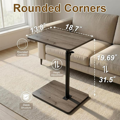 YUHFERA Sofa Armrest Tray Table for Couch - 360 Swivel Height Adjustable C Shaped End Table for Small Spaces, Snack Side Table for Bed or Chair with Phone & Tablet Slot (Gray, Enlarged)