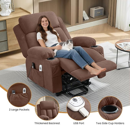 MAHOMICO Power Lift Recliner Chair for Elderly with Vibration Massage and Lumbar Heating Electric Oversized Single Sofa with Cup Holder and USB Charge Port for Living Room
