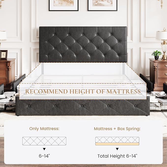 SHA CERLIN Upholstered Queen Platform Storage Bed Frame with 4 Drawers, Adjustable Headboard with Faux Leather Diamond Button Tufted Design, Wooden Slat Support, No Box Spring Needed, Black