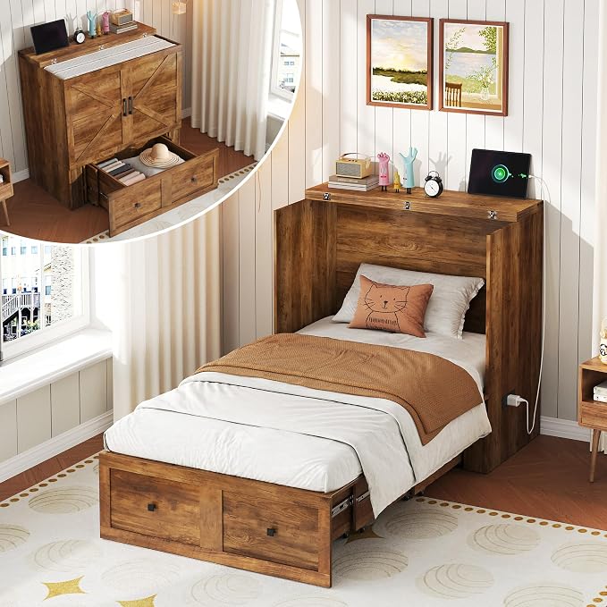 LUXOAK Twin Murphy Bed with Built-in Charging Station and Storage Drawer, Farmhouse Foldable Cabinet Bed for Guest Room, Apartment or Home Office, Barnwood