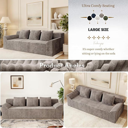 71" Corduroy Living Room Sofa, 3 Setaser Deep Seat Couch with 3 Lumbar Pillows, Comfy Boneless Sofa Modern Compressed Couch for Bedroom, Office, Apartment, No Assembly, Curved Armrests (Camel)