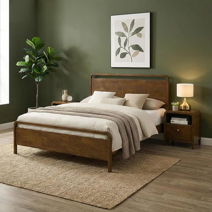 Roundhill Furniture Eldren Wood Bedroom Set, Queen Platform Bed with Two Nightstands in Walnut Finish