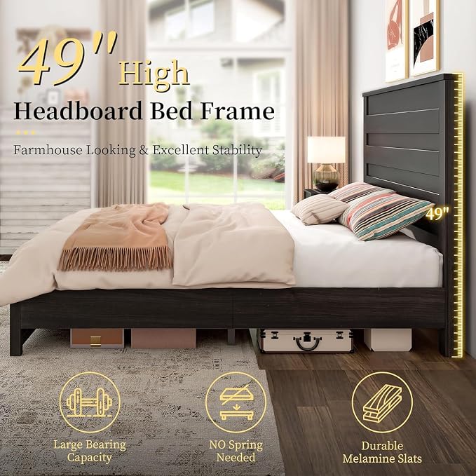 LUXOAK 2 Pcs Bedroom Furniture Sets - Includes 1 X Farmhouse 6 Drawers Dresser, 1X Farmhouse Queen Size Bed Frame with 49" Tall Headboard, Wooden Platform Bed with Hidden Metal Bed Frame, Black