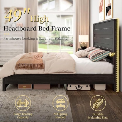 LUXOAK 2 Pcs Bedroom Furniture Sets - Includes 1 X Farmhouse 6 Drawers Dresser, 1X Farmhouse Queen Size Bed Frame with 49" Tall Headboard, Wooden Platform Bed with Hidden Metal Bed Frame, Black