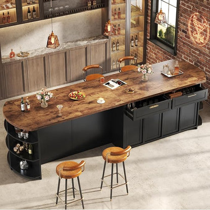 HSH 63 Inch Large Kitchen Island with Storage and Seating, Rustic Brown | Stationary Island Table with Storage Drawers, Cabinets, Oval Open Shelves, Wood Counter Prep Island for Kitchen Dining Room