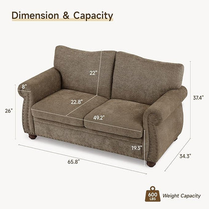 ONBRILL Nailhead Sofa, 66 Inch Small Couch with Rolled Arms, Chenille Fabric Loveseat w/Springs Seat Cushion, Vintage Curved Back, Turned Wood Legs, Comfy Couch for Living Room, Farmhouse, Brown
