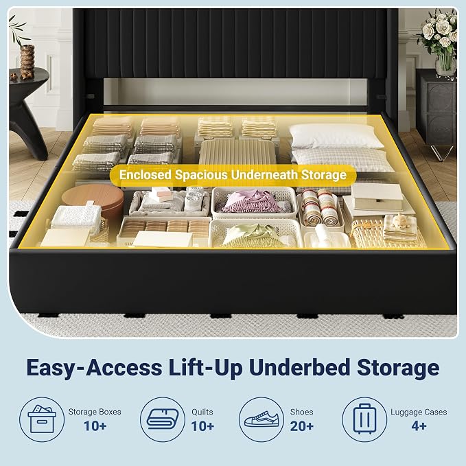 Allewie King Size Lift Up Storage Bed Frame, Hydraulic Support System, Upholstered Platform Bed Frame, Underneath Storage, Vertical Channel Tufted Headboard with Wingback, No Box Spring Needed, Black