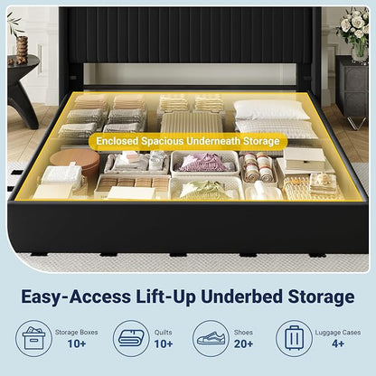 Allewie King Size Lift Up Storage Bed Frame, Hydraulic Support System, Upholstered Platform Bed Frame, Underneath Storage, Vertical Channel Tufted Headboard with Wingback, No Box Spring Needed, Black
