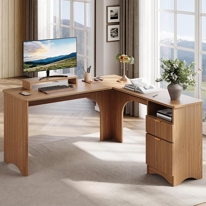 Bestier L Shaped Desk with File Drawer, 55.7" x 55" Office Computer Desk with Round Corners, Modern Desk with Monitor Stand & Fluted Panels for Home Office, Brown Oak