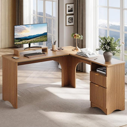 Bestier L Shaped Desk with File Drawer, 55.7" x 55" Office Computer Desk with Round Corners, Modern Desk with Monitor Stand & Fluted Panels for Home Office, Brown Oak