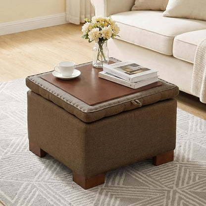 24 Inch Square Storage Ottoman Coffee Table, Modern Tufted Upholstered Ottoman with Flip Tray and Solid Wood Legs, Suitable for Living Rooms, Linen Brown