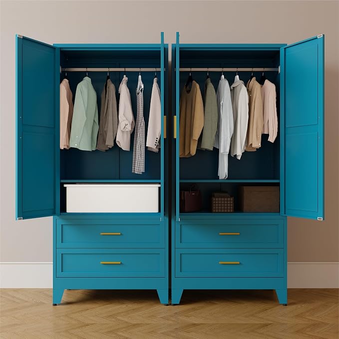 71" Tall Metal Armoire Wardrobe Closet,17.7" Deep By 31.5" Wide Portable Closet for Hanging Clothes,Wardrobe Cabinet with Drawers and Shelves for Bedroom Office Garage,Blue 1 Pack
