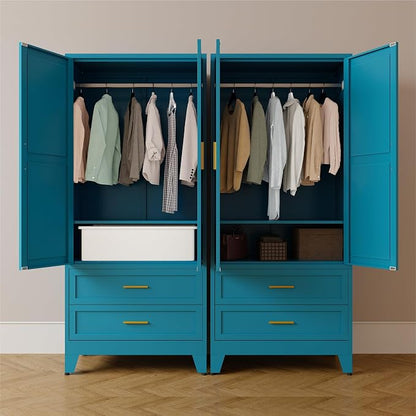 71" Tall Metal Armoire Wardrobe Closet,17.7" Deep By 31.5" Wide Portable Closet for Hanging Clothes,Wardrobe Cabinet with Drawers and Shelves for Bedroom Office Garage,Blue 1 Pack