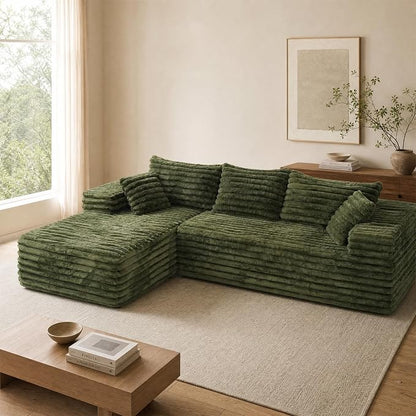 2" Corduroy Boneless Couches for Living Room, L Shape Sofa with Chaise | 102.4" Modular Sectional Sofa, Cloud Couch Sectional with Deep Seat, No Assembly, Green, Left Chaise